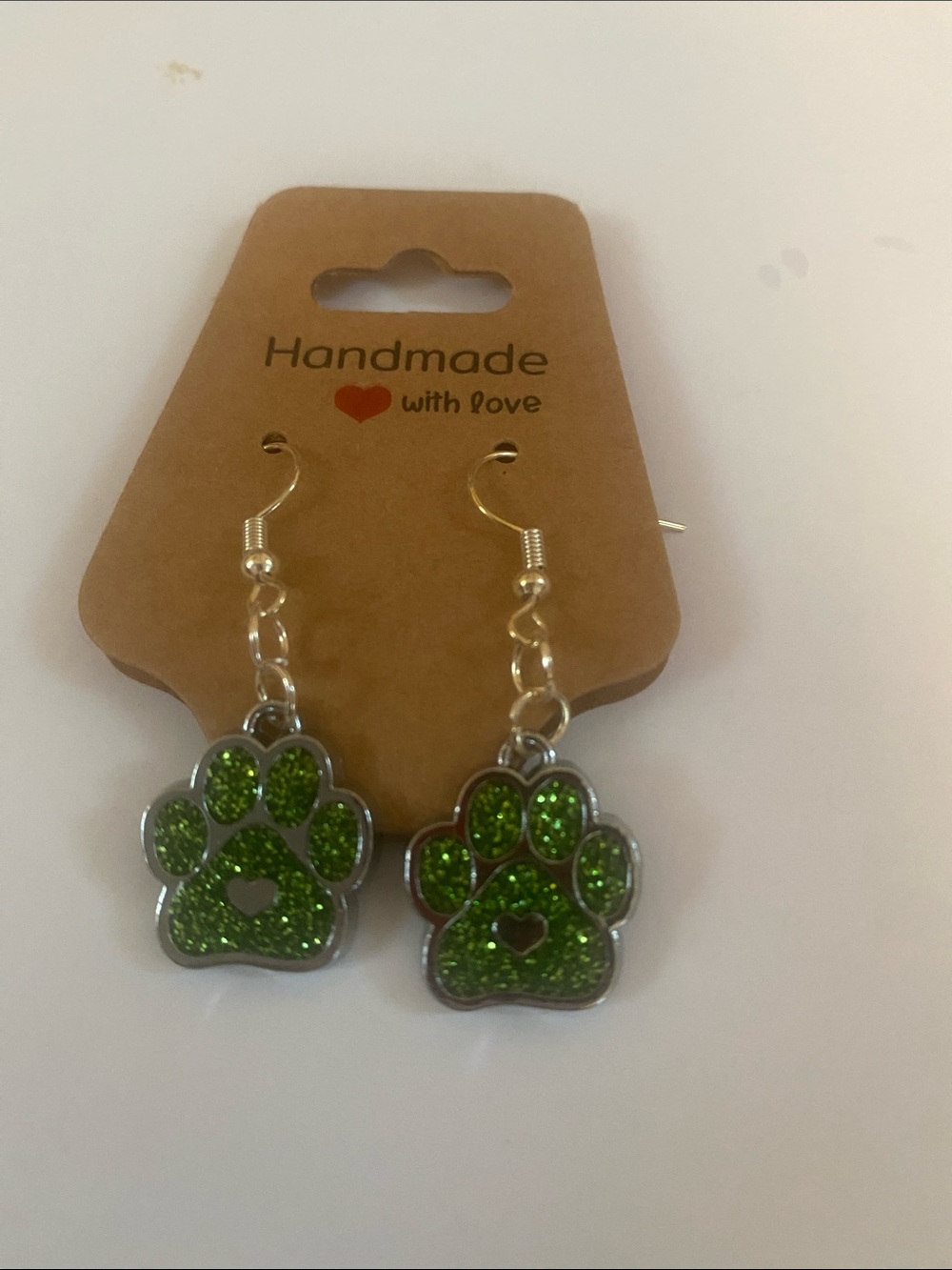Handcrafted Green Glitter Paw Print Dangle Earrings